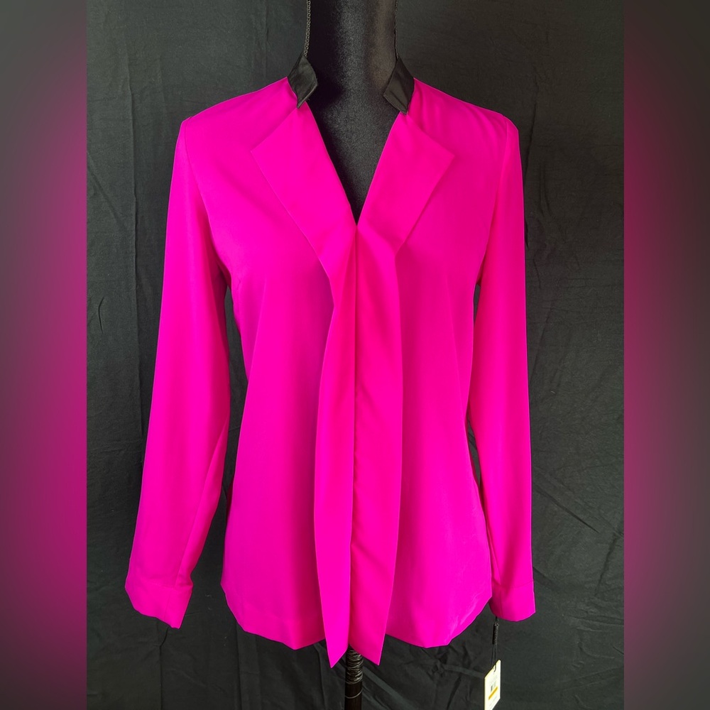 Calvin Klein Zinnia Pink and Black Grosgrain Ribbon  Blouse | Size Small | NWT